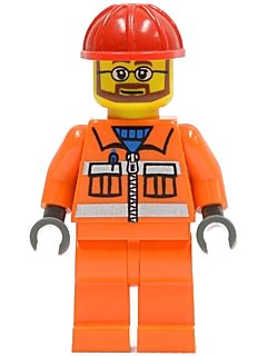 LEGO onderdeel Construction Worker - Orange Zipper, Safety Stripes, Orange Arms, Orange Legs, Red Construction Helmet, Beard and Glasses (cty0032)