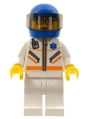 LEGO onderdeel Doctor - Jacket with Zipper and EMT Star of Life - White Legs, Blue Helmet, Trans-Brown Visor, Glasses and Brown Eyebrows (cty0080)