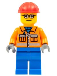LEGO onderdeel Construction Worker - Orange Zipper, Safety Stripes, Orange Arms, Blue Legs, Red Construction Helmet, Brown Eyebrows, Glasses cty0110
