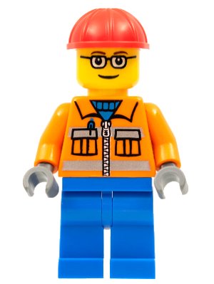 LEGO onderdeel Construction Worker - Orange Zipper, Safety Stripes, Orange Arms, Blue Legs, Red Construction Helmet, Brown Eyebrows, Glasses (cty0110)
