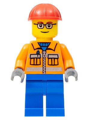 LEGO onderdeel Construction Worker - Orange Zipper, Safety Stripes, Orange Arms, Blue Legs, Red Construction Helmet, Red Eyebrows, Glasses (cty0110a)