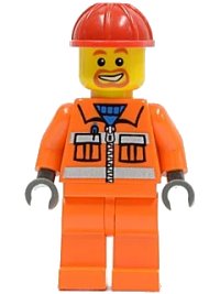 LEGO part Construction Worker - Orange Zipper, Safety Stripes, Orange Arms, Orange Legs, Red Construction Helmet, Beard Around Mouth cty0111