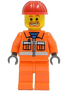 LEGO onderdeel Construction Worker - Orange Zipper, Safety Stripes, Orange Arms, Orange Legs, Red Construction Helmet, Beard Around Mouth (cty0111)