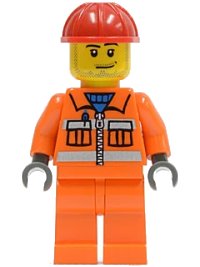 LEGO part Construction Worker - Orange Zipper, Safety Stripes, Orange Arms, Orange Legs, Red Construction Helmet, Smirk and Stubble Beard cty0113