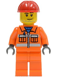 LEGO onderdeel Construction Worker - Orange Zipper, Safety Stripes, Orange Arms, Orange Legs, Red Construction Helmet, Smirk and Stubble Beard (cty0113)