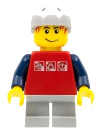 LEGO part Skateboarder, Red Shirt with Silver Logos, Dark Blue Arms, Light Bluish Gray Short Legs, Male Messy Red Hair cty0147