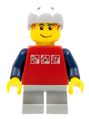 LEGO onderdeel Skateboarder, Red Shirt with Silver Logos, Dark Blue Arms, Light Bluish Gray Short Legs, Male Messy Red Hair (cty0147)