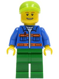 LEGO part Blue Jacket with Pockets and Orange Stripes, Green Legs, Lime Short Bill Cap cty0162