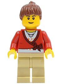 LEGO part Sweater Cropped with Bow, Heart Necklace, Tan Legs, Reddish Brown Hair Female Ponytail, Black Eyebrows, Thin Grin cty0179a