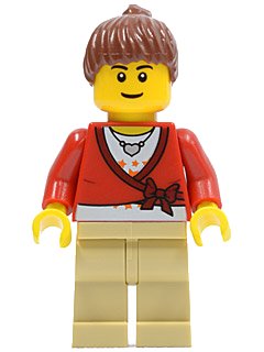 LEGO onderdeel Sweater Cropped with Bow, Heart Necklace, Tan Legs, Reddish Brown Hair Female Ponytail, Black Eyebrows, Thin Grin (cty0179a)