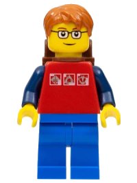 LEGO onderdeel Red Shirt with 3 Silver Logos, Dark Blue Arms, Blue Legs, Dark Orange Short Tousled Hair, Brown Eyebrows, Backpack cty0180