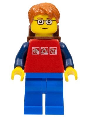 LEGO onderdeel Red Shirt with 3 Silver Logos, Dark Blue Arms, Blue Legs, Dark Orange Short Tousled Hair, Brown Eyebrows, Backpack (cty0180)