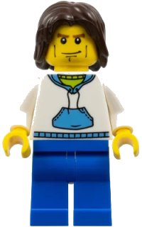 LEGO part White Hoodie with Medium Blue Pocket, Blue Legs, Dark Brown Mid-Length Tousled Hair cty0190