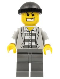 LEGO part Police - Jail Prisoner Jacket over Prison Stripes, Dark Bluish Gray Legs, Black Knit Cap, Gold Tooth cty0206