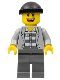 LEGO part Police - Jail Prisoner Jacket over Prison Stripes, Dark Bluish Gray Legs, Black Knit Cap, Missing Tooth cty0208