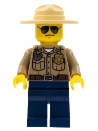 LEGO onderdeel Forest Police - Dark Tan Shirt with Pockets, Radio and Gold Badge, Dark Blue Legs, Campaign Hat, Black and Silver Sunglasses cty0264