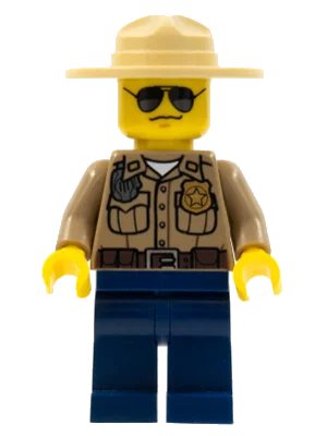 LEGO onderdeel Forest Police - Dark Tan Shirt with Pockets, Radio and Gold Badge, Dark Blue Legs, Campaign Hat, Black and Silver Sunglasses (cty0264)