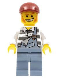 LEGO part Police - Jail Prisoner Torn Overalls over Prison Stripes, Sand Blue Legs, Dark Red Short Bill Cap cty0265