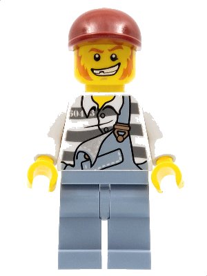 LEGO onderdeel Police - Jail Prisoner Torn Overalls over Prison Stripes, Sand Blue Legs, Dark Red Short Bill Cap (cty0265)