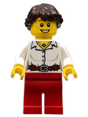 LEGO onderdeel Blouse with Buttons, Belt and Necklace, Red Legs, Dark Brown Hair Ponytail Long French Braided (cty0281)