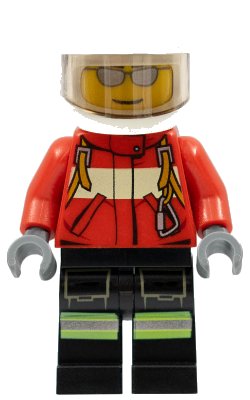 LEGO onderdeel Fire - Pilot Male, Red Fire Suit with Carabiner, Reflective Stripes on Black Legs, White Helmet, Silver Sunglasses (cty0349)