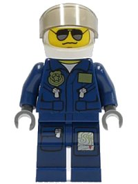 LEGO part Forest Police - Helicopter Pilot, Dark Blue Flight Suit with Badge, Helmet, Black and Silver Sunglasses, NO Eyebrows cty0383