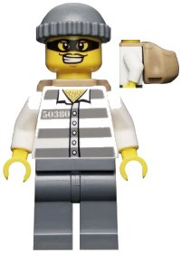 LEGO part Police - Jail Prisoner 50380 Prison Stripes, Dark Bluish Gray Legs, Dark Bluish Gray Knit Cap, Backpack, Mask cty0392