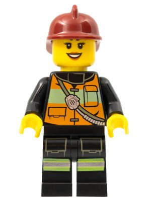 LEGO onderdeel Fire - Reflective Stripe Vest with Pockets and Shoulder Strap, Dark Red Fire Helmet, Black Eyebrows (cty0434)