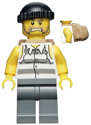 LEGO onderdeel Police - Jail Prisoner Shirt with Prison Stripes and Torn out Sleeves, Dark Bluish Gray Legs, Black Knit Cap, Backpack (cty0448)