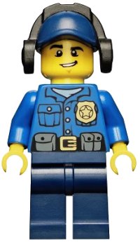 LEGO onderdeel Police - City Officer, Gold Badge, Dark Blue Cap with Hole, Headphones, Lopsided Grin cty0464