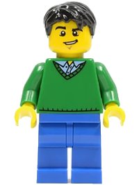 LEGO part Green V-Neck Sweater, Blue Legs, Black Short Tousled Hair, Lopsided Grin cty0503