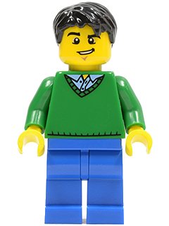 LEGO onderdeel Green V-Neck Sweater, Blue Legs, Black Short Tousled Hair, Lopsided Grin (cty0503)