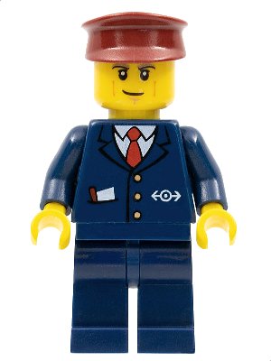 LEGO onderdeel Dark Blue Suit with Train Logo, Dark Blue Legs, Dark Red Hat, Cheek Lines (cty0505)