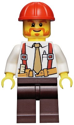 LEGO onderdeel Construction Foreman - Shirt with Tie and Suspenders, Dark Brown Legs, Red Construction Helmet (cty0529)
