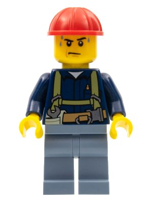 LEGO part Construction Worker - Shirt with Harness and Wrench, Sand Blue Legs, Red Construction Helmet, Sweat Drops (cty0530)