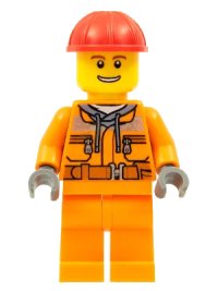 LEGO part Construction Worker - Male, Orange Safety Jacket, Reflective Stripe, Sand Blue Hoodie, Orange Legs, Red Construction Helmet, Thin Grin with Teeth cty0549