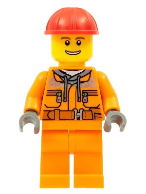 LEGO onderdeel Construction Worker - Male, Orange Safety Jacket, Reflective Stripe, Sand Blue Hoodie, Orange Legs, Red Construction Helmet, Thin Grin with Teeth (cty0549)