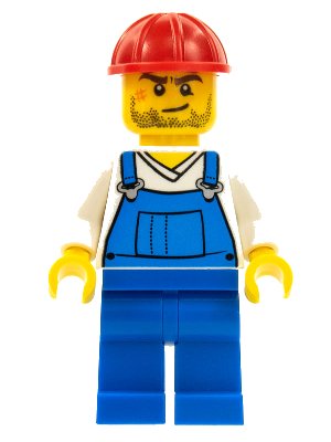 LEGO onderdeel Overalls Blue over V-Neck Shirt, Blue Legs, Red Construction Helmet, Crooked Smile and Scar (cty0555)