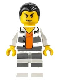 LEGO part Police - Jail Prisoner Shirt with Prison Stripes and Orange Undershirt, Striped Legs, Hair Combed cty0613