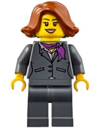 LEGO part Dark Bluish Gray Jacket with Magenta Scarf, Dark Bluish Gray Legs, Dark Orange Female Hair Short Swept Sideways (Ferry Passenger) cty0623