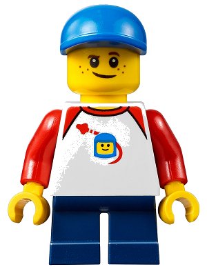 LEGO onderdeel Boy, Freckles, Classic Space Shirt with Red Sleeves, Dark Blue Short Legs (cty0662)
