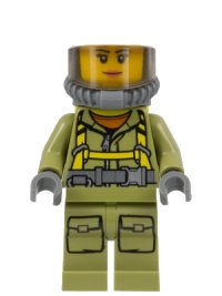 LEGO part Volcano Explorer - Female Worker, Suit with Harness, Construction Helmet, Breathing Neck Gear with Air Tanks, Trans-Brown Visor cty0681