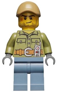LEGO part Volcano Explorer - Male, Shirt with Belt and Radio, Dark Tan Cap with Hole, Crooked Smile and Scar cty0683