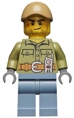 LEGO onderdeel Volcano Explorer - Male, Shirt with Belt and Radio, Dark Tan Cap with Hole, Crooked Smile and Scar (cty0683)