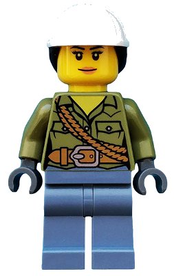LEGO onderdeel Volcano Explorer - Female, Shirt with Belt and Shoulder Ropes, White Construction Helmet with Dark Brown Ponytail Hair (cty0687)