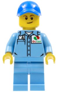 LEGO part Medium Blue Uniform Shirt with Pocket and Octan Logo, Medium Blue Legs, Blue Cap with Hole, Lopsided Smile cty0689