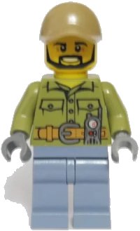 LEGO part Volcano Explorer - Male, Shirt with Belt and Radio, Dark Tan Cap with Hole, Black Angular Beard cty0695