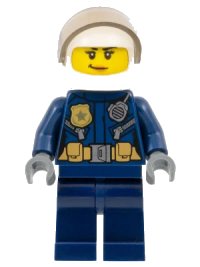 LEGO onderdeel Police - City Leather Jacket with Gold Badge and Utility Belt, White Helmet, Trans-Brown Visor, Peach Lips Smirk cty0702