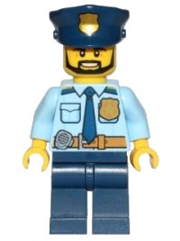 LEGO part Police - City Shirt with Dark Blue Tie and Gold Badge, Dark Tan Belt with Radio, Dark Blue Legs, Police Hat with Gold Badge, Head Beard Black Angular cty0708
