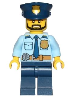 LEGO onderdeel Police - City Shirt with Dark Blue Tie and Gold Badge, Dark Tan Belt with Radio, Dark Blue Legs, Police Hat with Gold Badge, Head Beard Black Angular (cty0708)